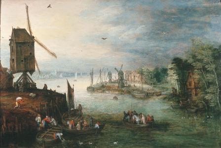 NK 1415 - Rivierlandschap met windmolens en schepen door Jan Brueghel de Oudere