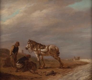 Twee mannen met een paard aan het strand van Philips Wouwerman