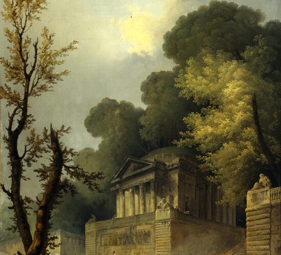 Landschap met klassieke tempel van de kunstenaar Hubert Robert